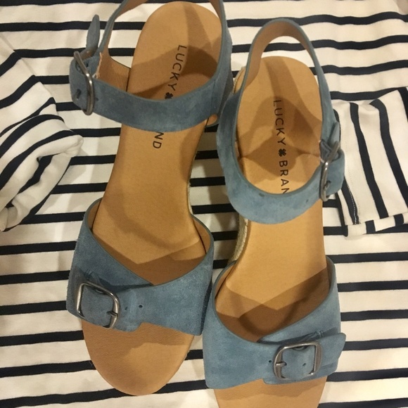 New Lucky Brand Blue Naveah Leather Wedge Sandals - Picture 2 of 4